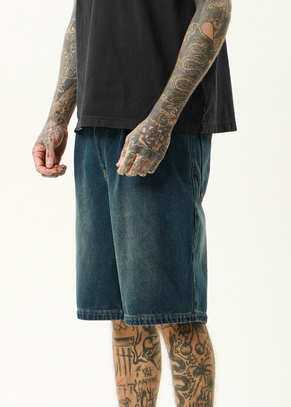AFENDS Mens Fast Forward - Denim Ultra Baggy Pleated Short 24" - Vintage Wash