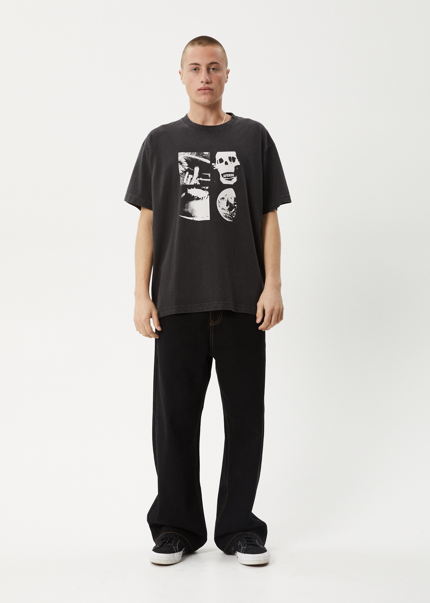 AFENDS Mens New And Clear - Heavyweight Boxy Tee - Stone Black