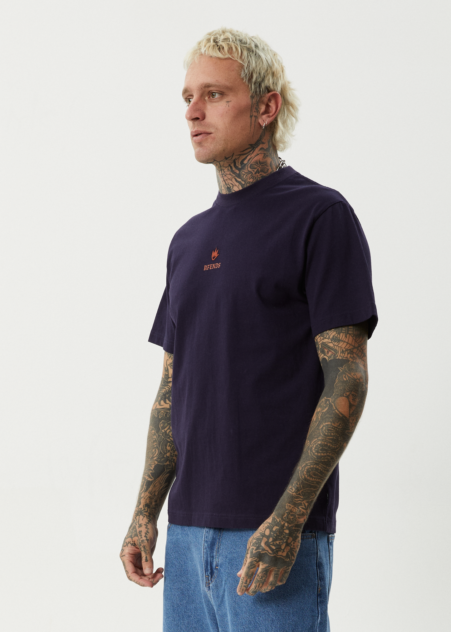 AFENDS Mens Burnin - Retro Tee - Deep Sea