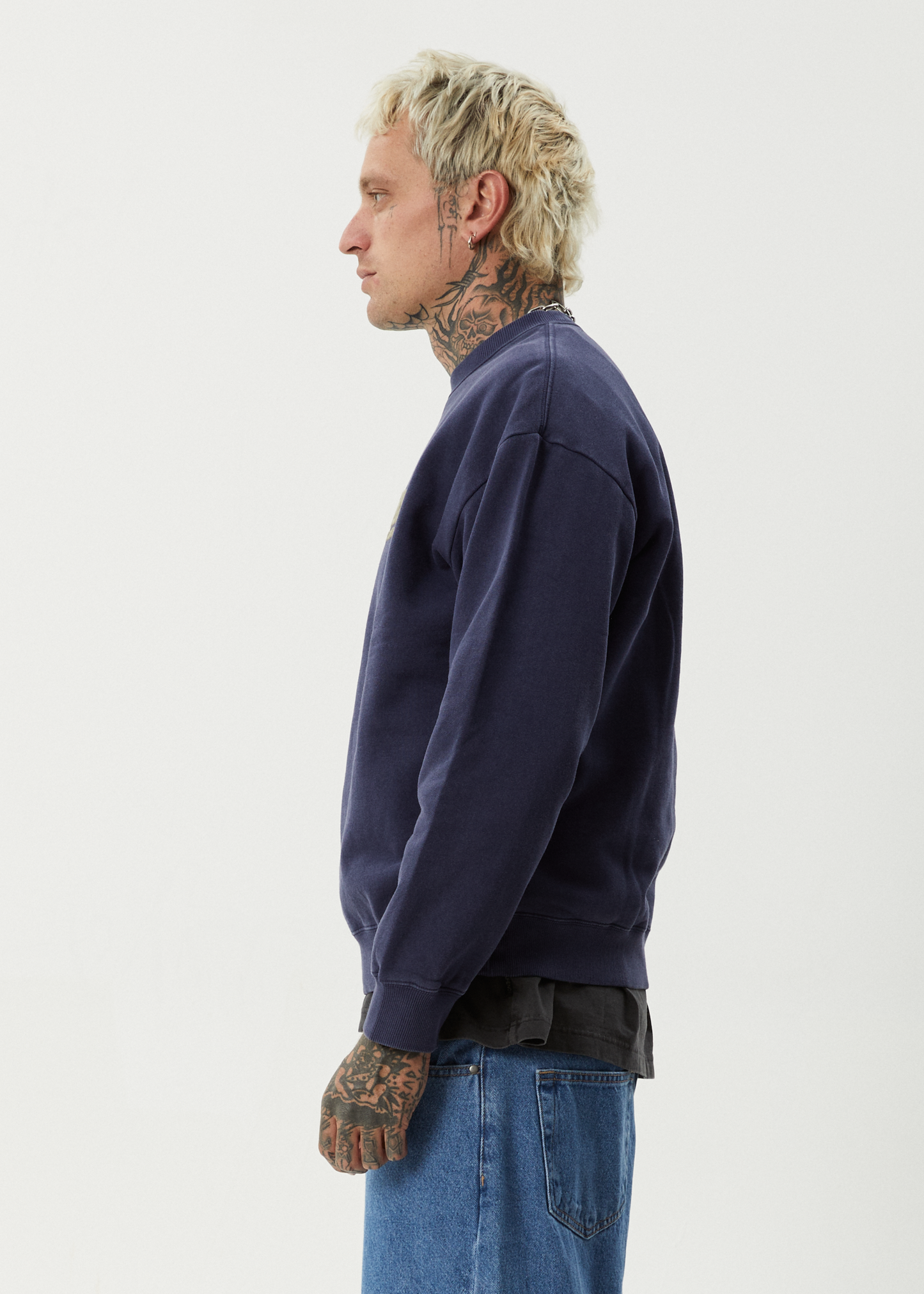 AFENDS Mens Nuts N Bolts - Crew Neck Jumper - Washed Deep Sea