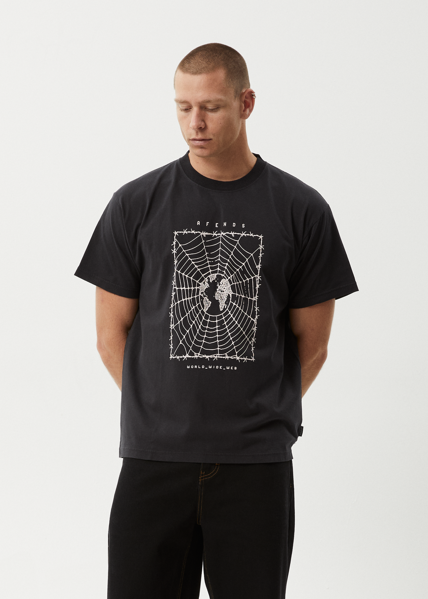 AFENDS Mens World Wide - Boxy Tee - Stone Black