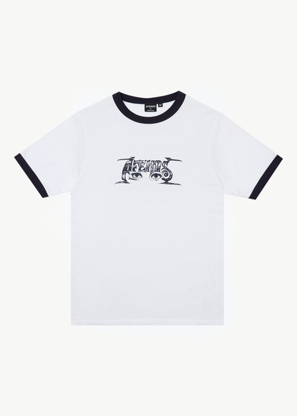 AFENDS Mens All Eyez - Ringer Tee - White / Deep Sea