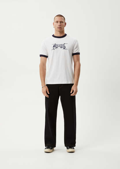 AFENDS Mens All Eyez - Ringer Tee - White / Deep Sea