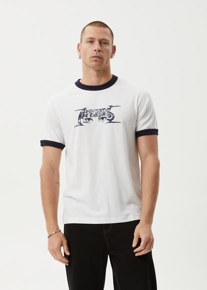 AFENDS Mens All Eyez - Ringer Tee - White / Deep Sea