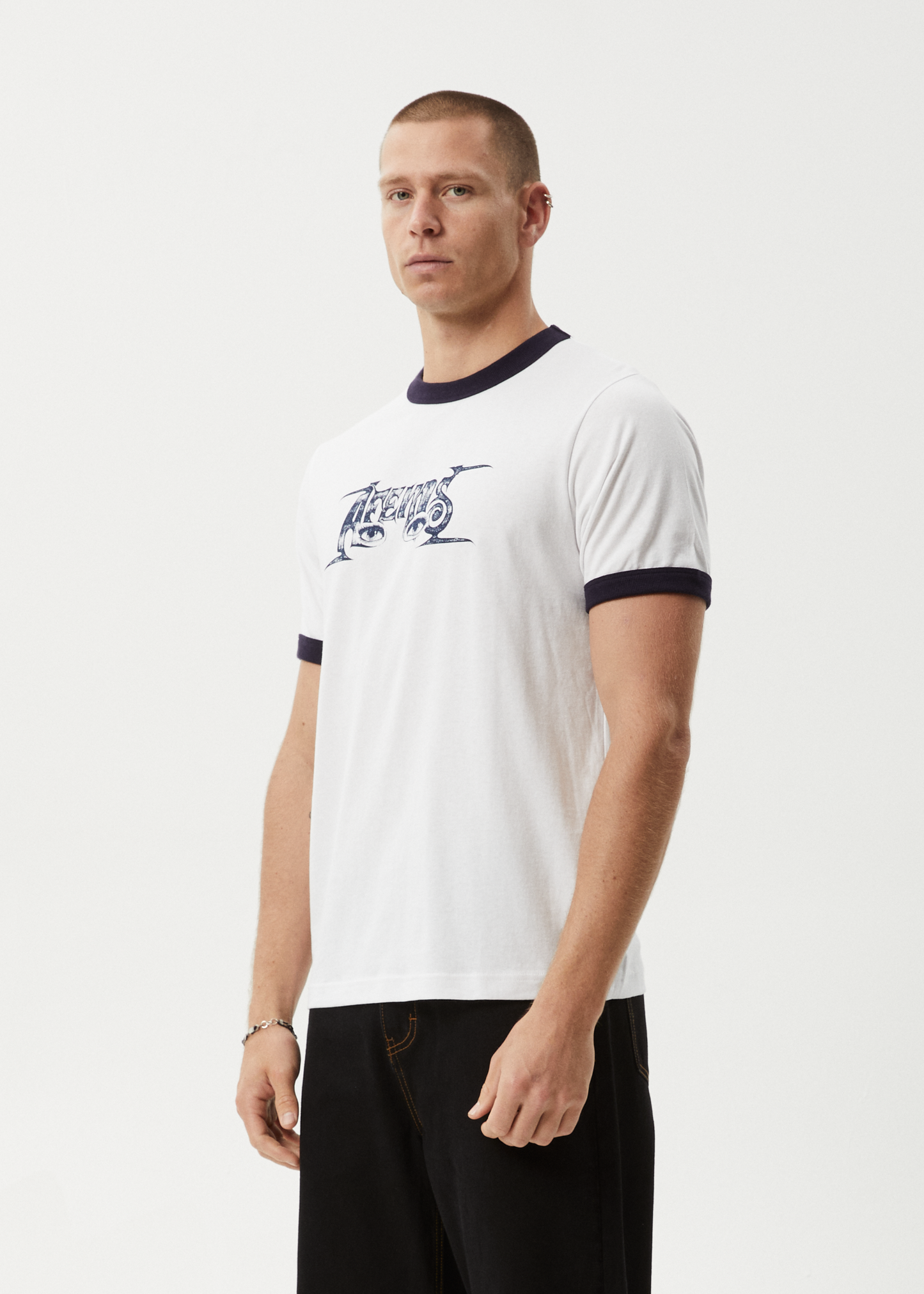 AFENDS Mens All Eyez - Ringer Tee - White / Deep Sea