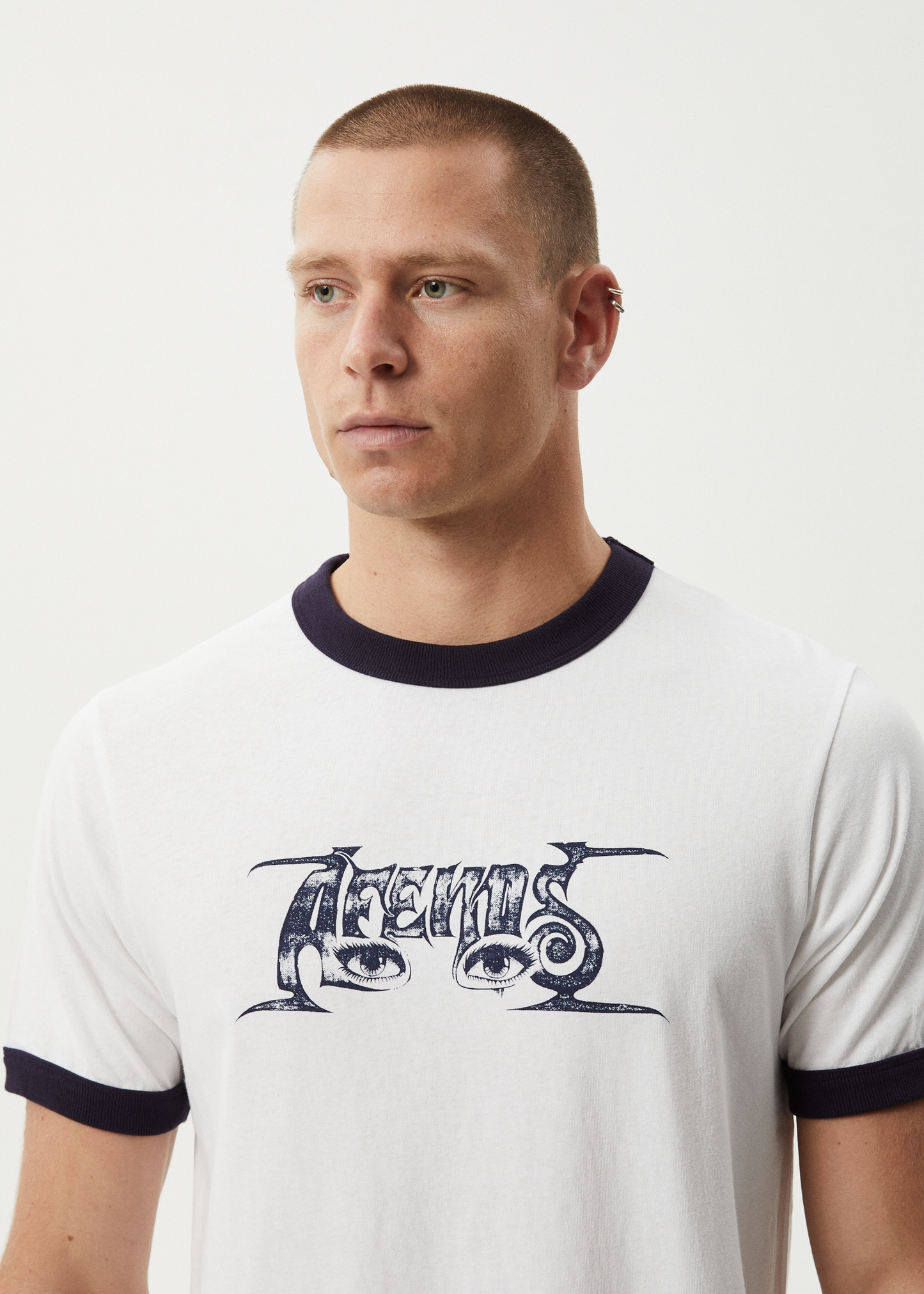 AFENDS Mens All Eyez - Ringer Tee - White / Deep Sea
