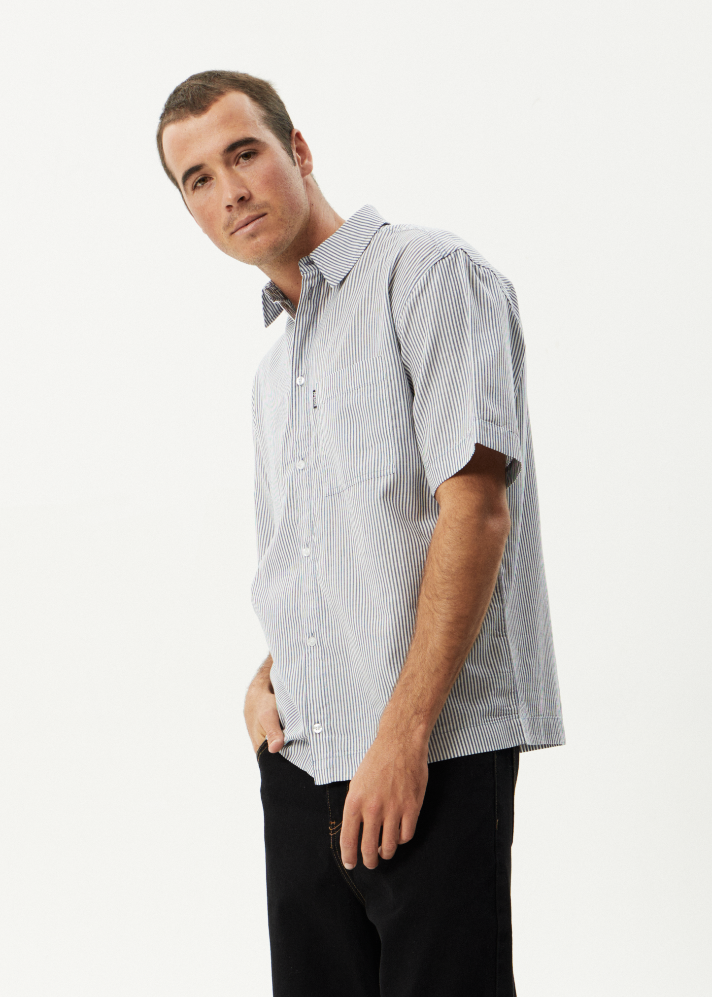 AFENDS Mens Intergalactic - Short Sleeve Shirt - Navy Stripe