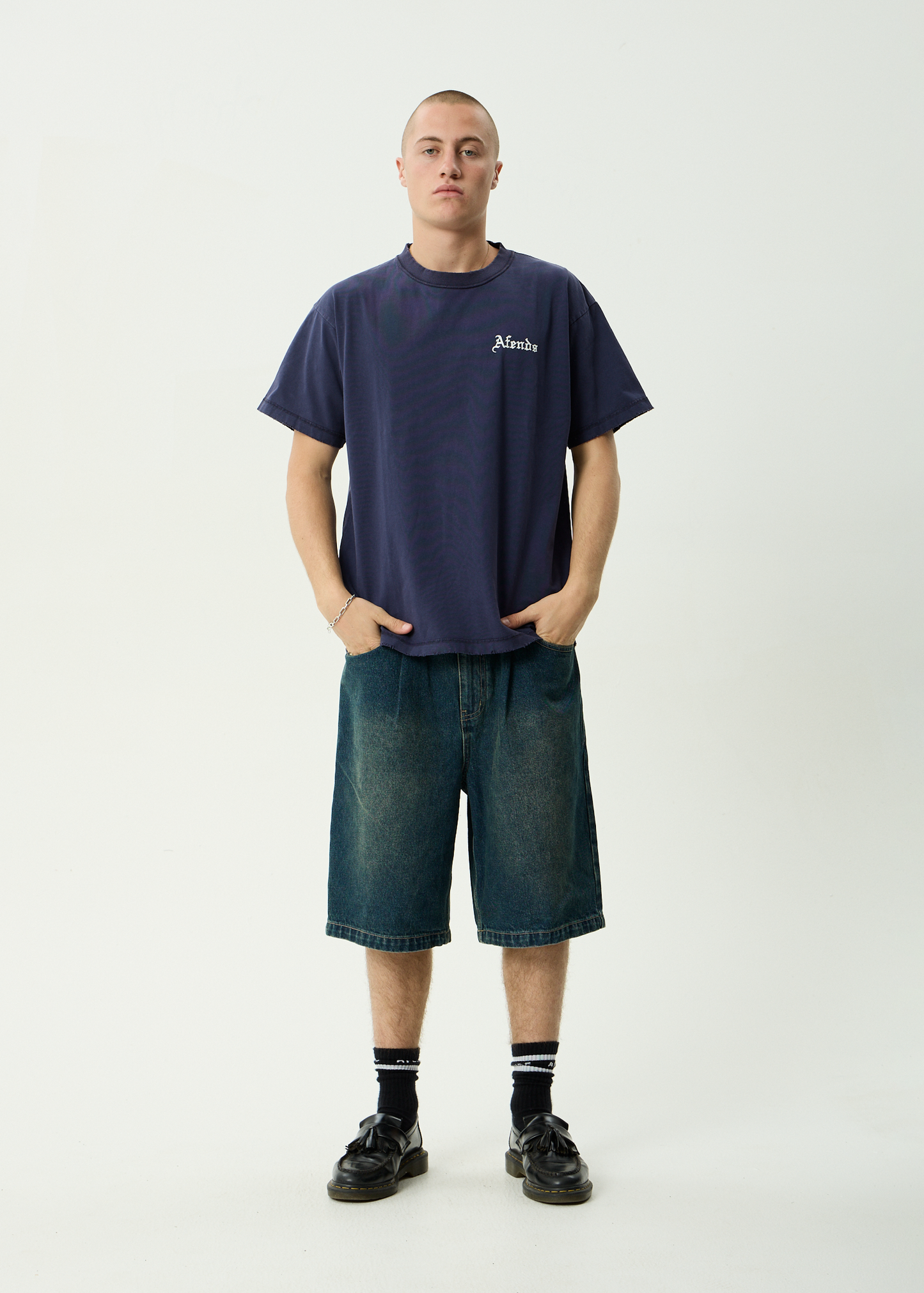 AFENDS Mens Shrine - Heavyweight Boxy Tee - Washed Deep Sea