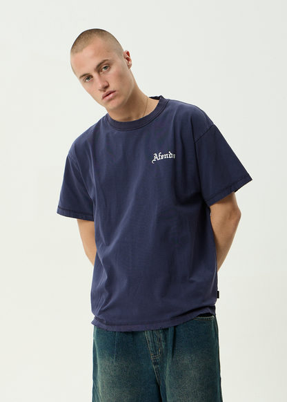 AFENDS Mens Shrine - Heavyweight Boxy Tee - Washed Deep Sea