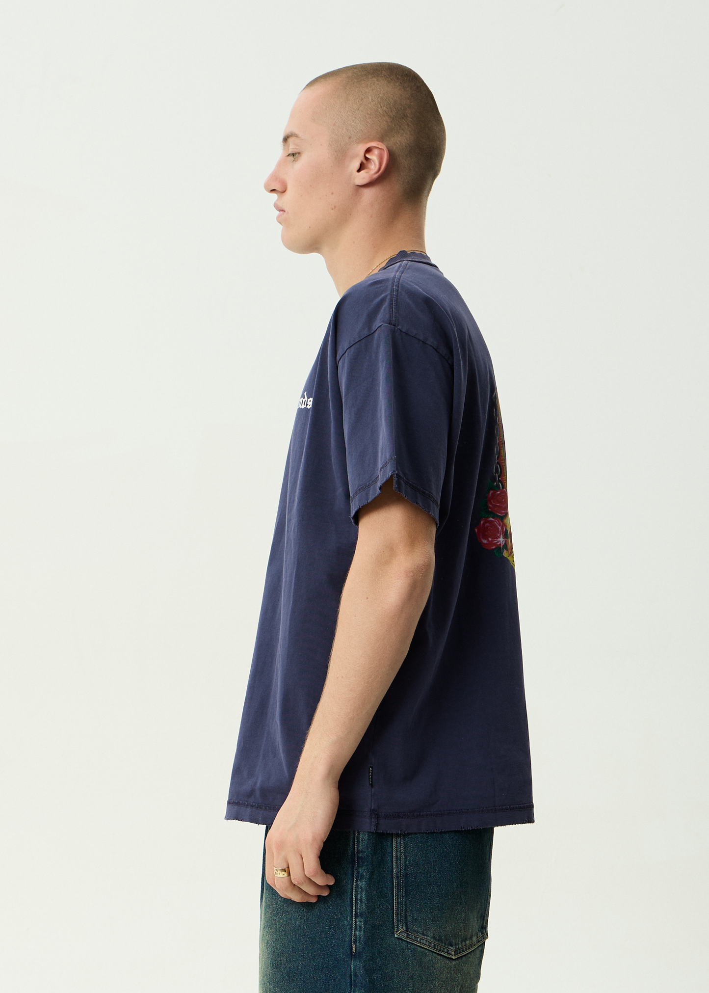 AFENDS Mens Shrine - Heavyweight Boxy Tee - Washed Deep Sea