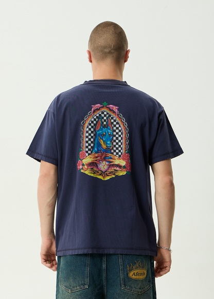 AFENDS Mens Shrine - Heavyweight Boxy Tee - Washed Deep Sea
