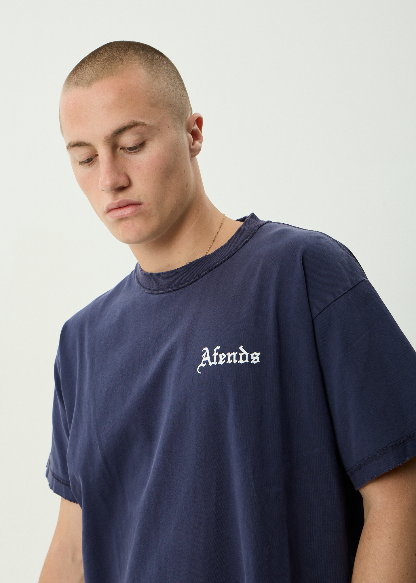 AFENDS Mens Shrine - Heavyweight Boxy Tee - Washed Deep Sea
