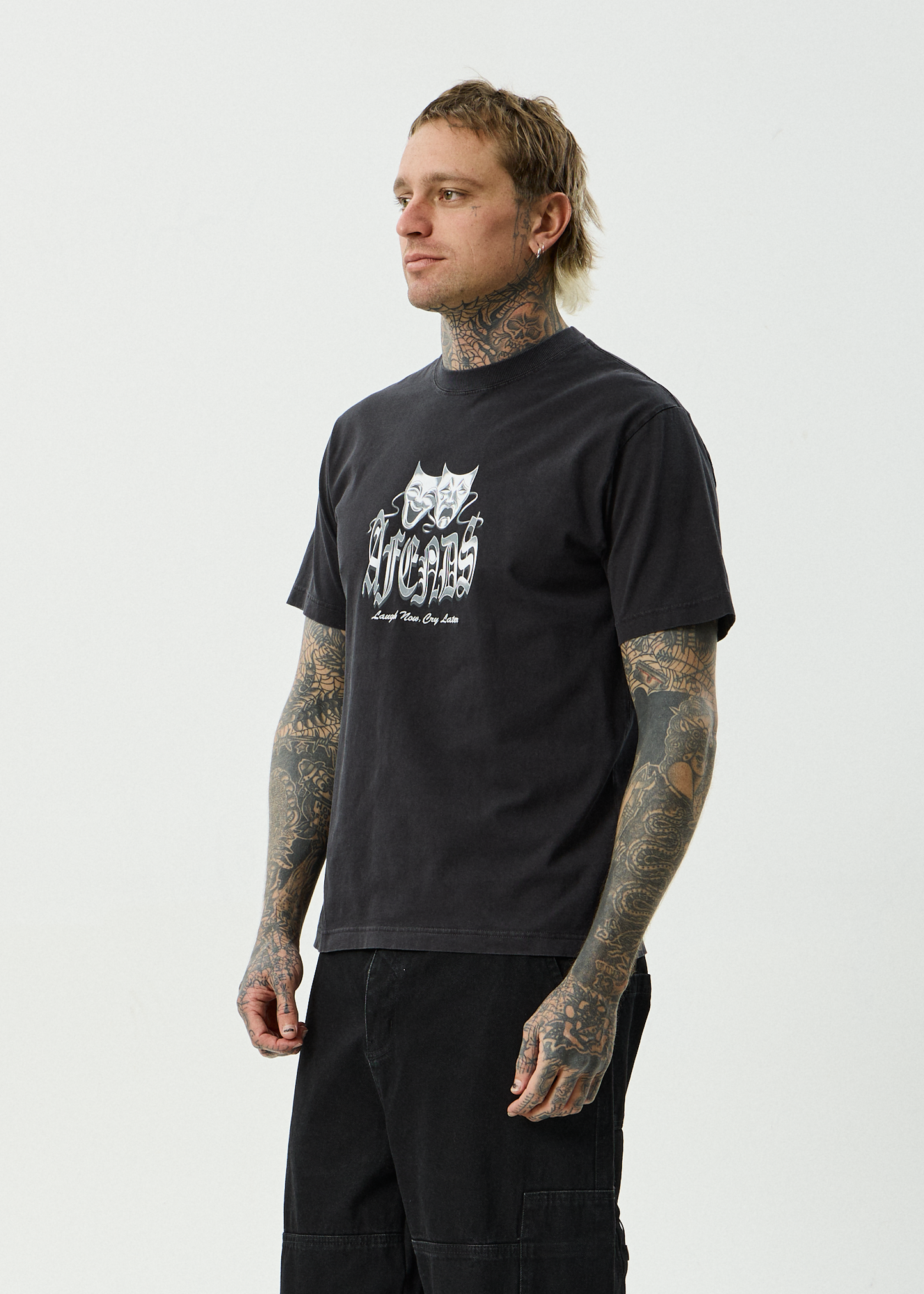 AFENDS Mens Cry Later - Retro Tee - Stone Black