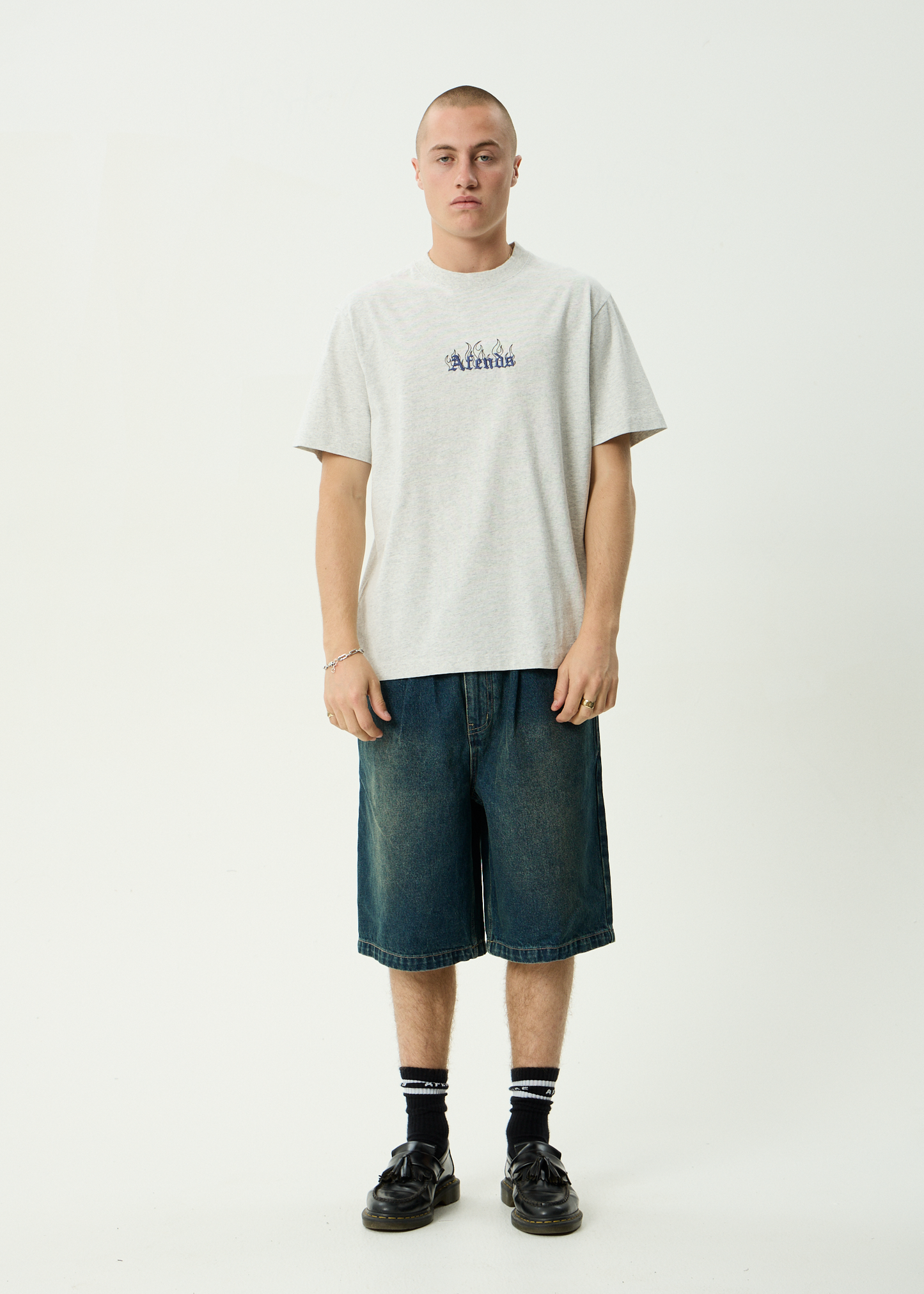 AFENDS Mens Temporal - Heavyweight Retro Tee - Grey Marle