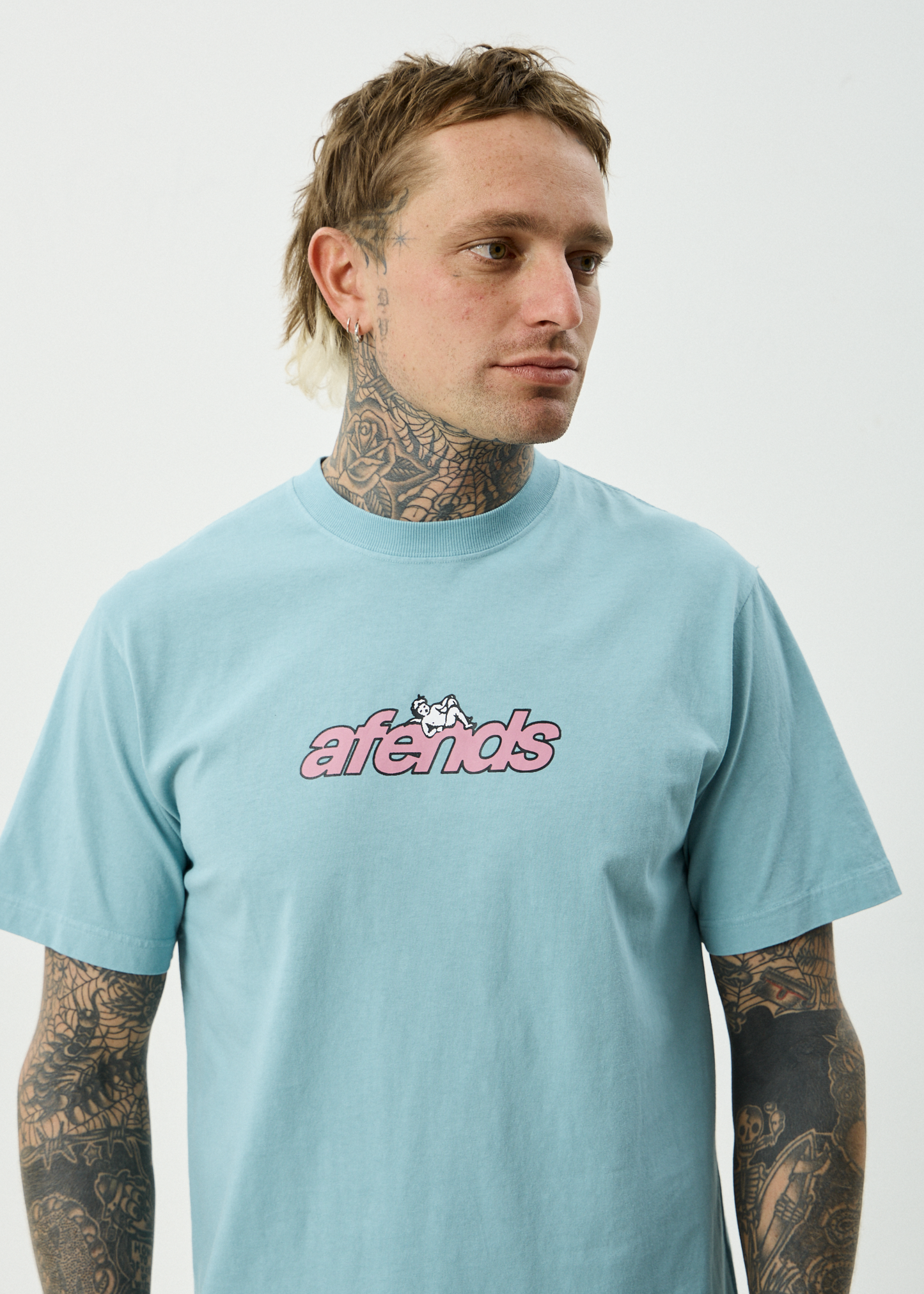 AFENDS Mens Angel Boy - Retro Tee - Washed Overcast