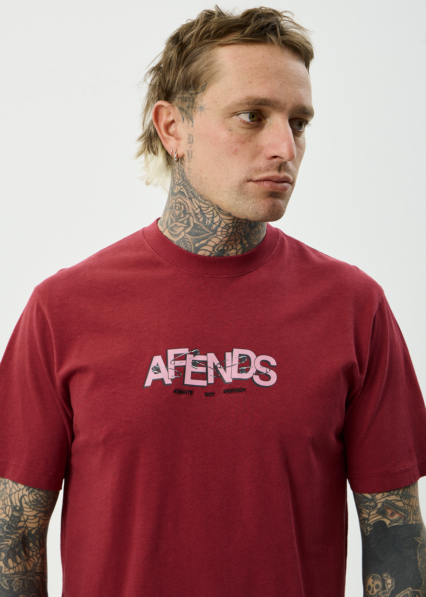 AFENDS Mens Safety - Retro Tee - Washed Burgundy