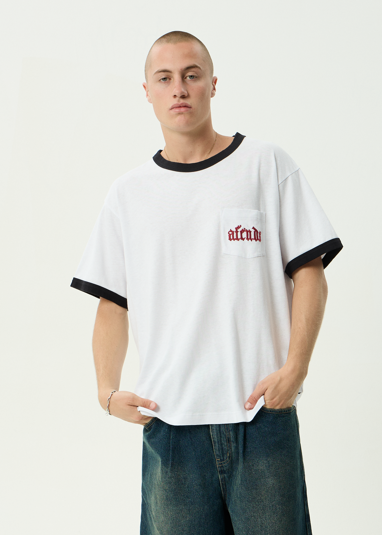 AFENDS Mens Drop Zone - Boxy Ringer Tee - White
