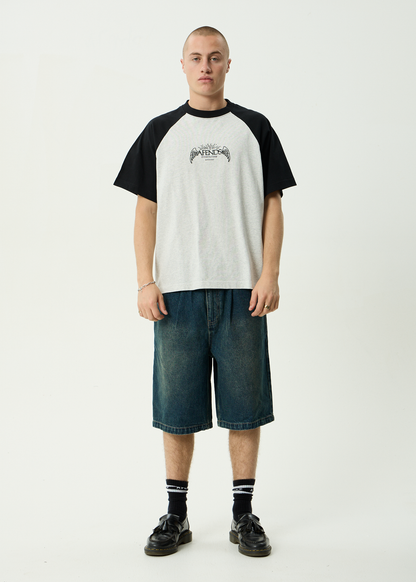 AFENDS Mens Wings - Heavyweight Raglan Tee - Grey Marle