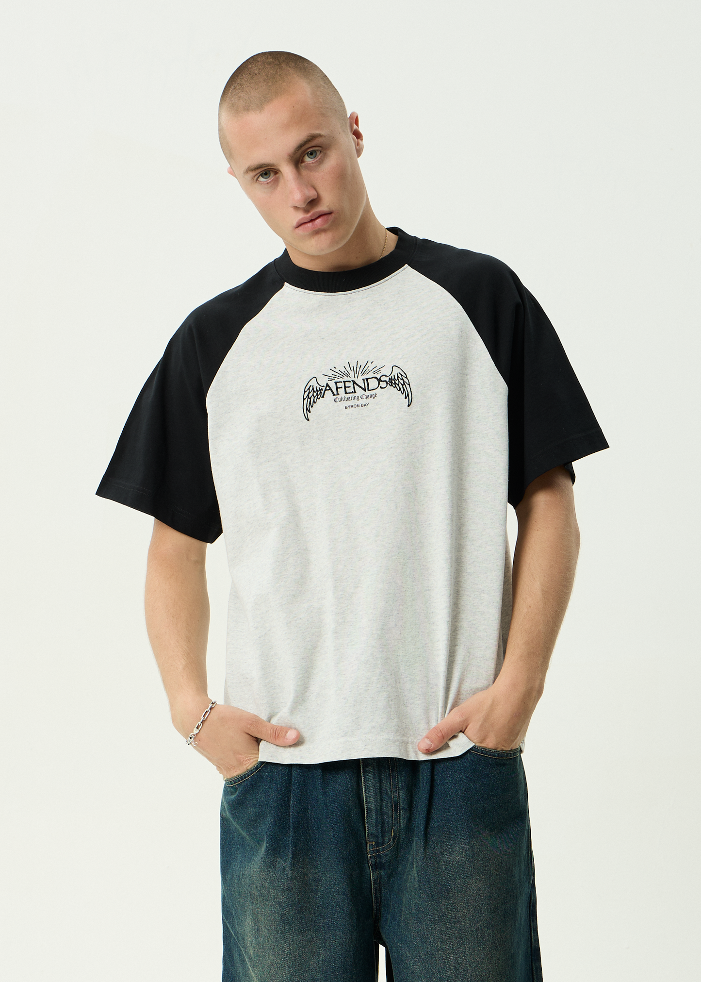 AFENDS Mens Wings - Heavyweight Raglan Tee - Grey Marle
