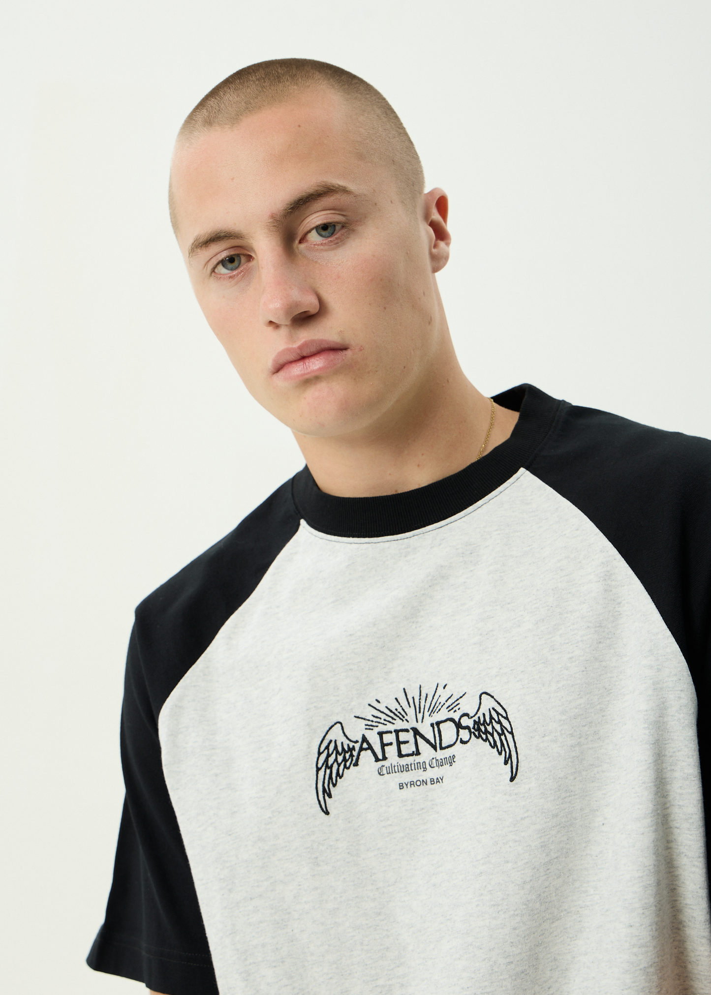 AFENDS Mens Wings - Heavyweight Raglan Tee - Grey Marle