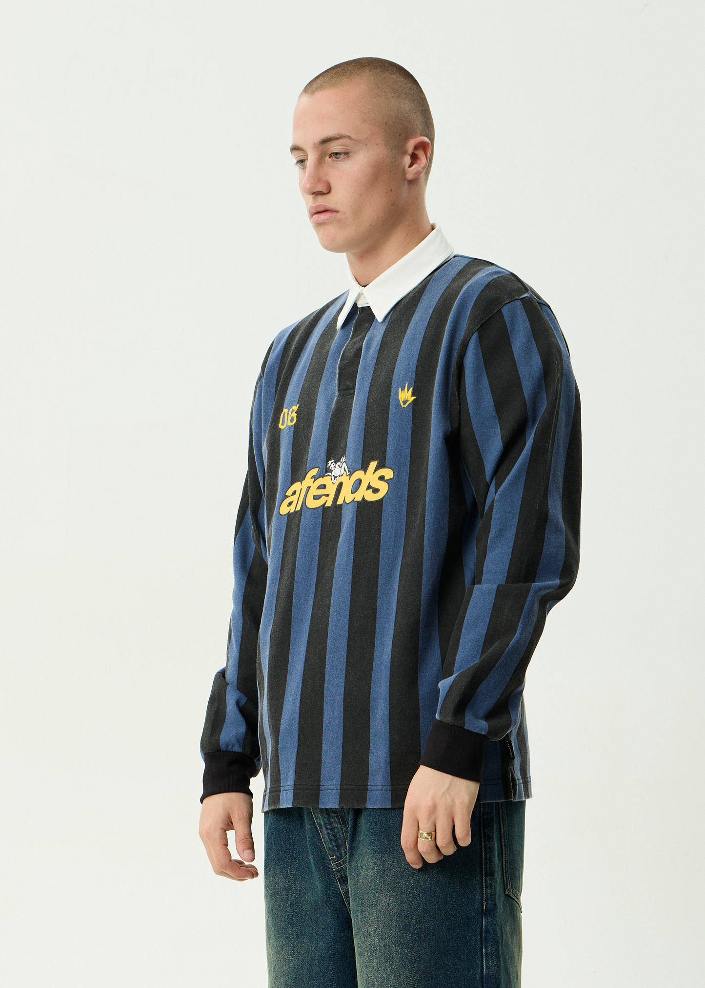 AFENDS Mens Angel Boy - Rugby Long Sleeve Tee - Black Stripe