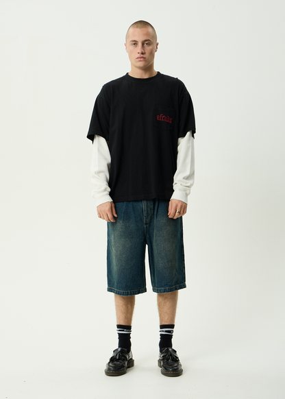 AFENDS Mens Drop Zone - Layered Waffle Long Sleeve Tee - Stone Black