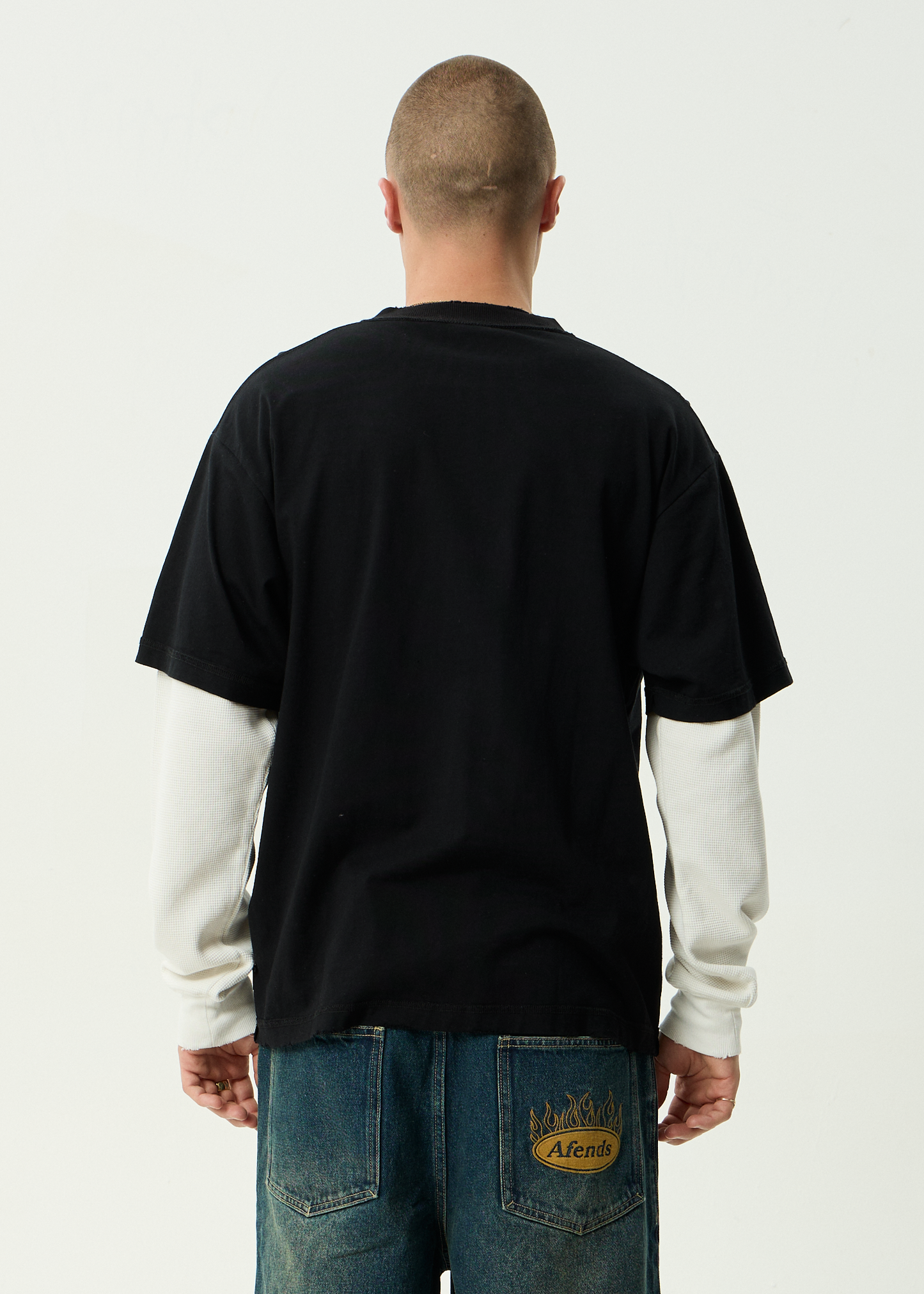 AFENDS Mens Drop Zone - Layered Waffle Long Sleeve Tee - Stone Black