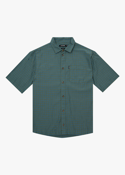 AFENDS Mens Voyager - Short Sleeve Shirt - Deep Olive Check