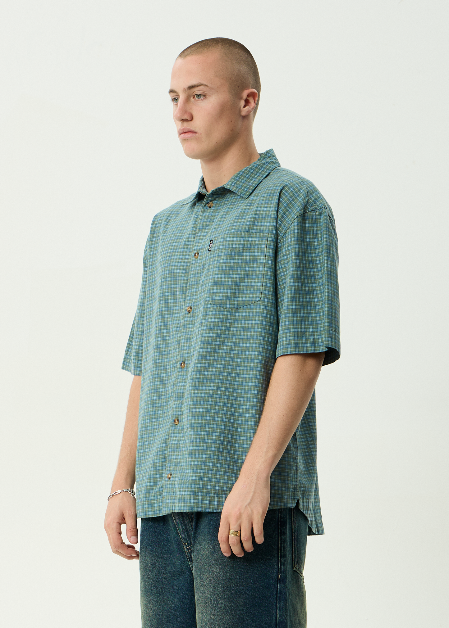 AFENDS Mens Voyager - Short Sleeve Shirt - Deep Olive Check