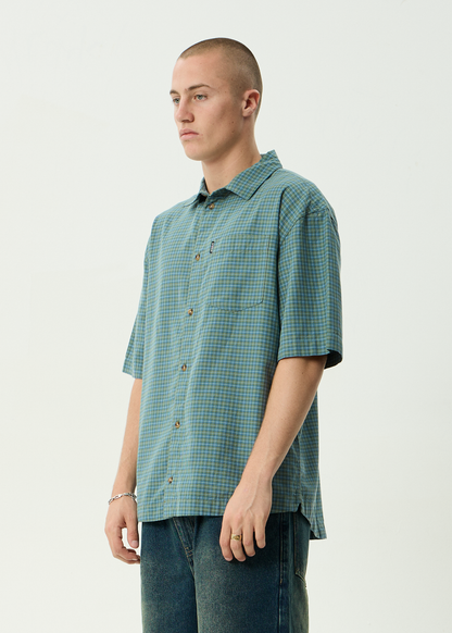 AFENDS Mens Voyager - Short Sleeve Shirt - Deep Olive Check