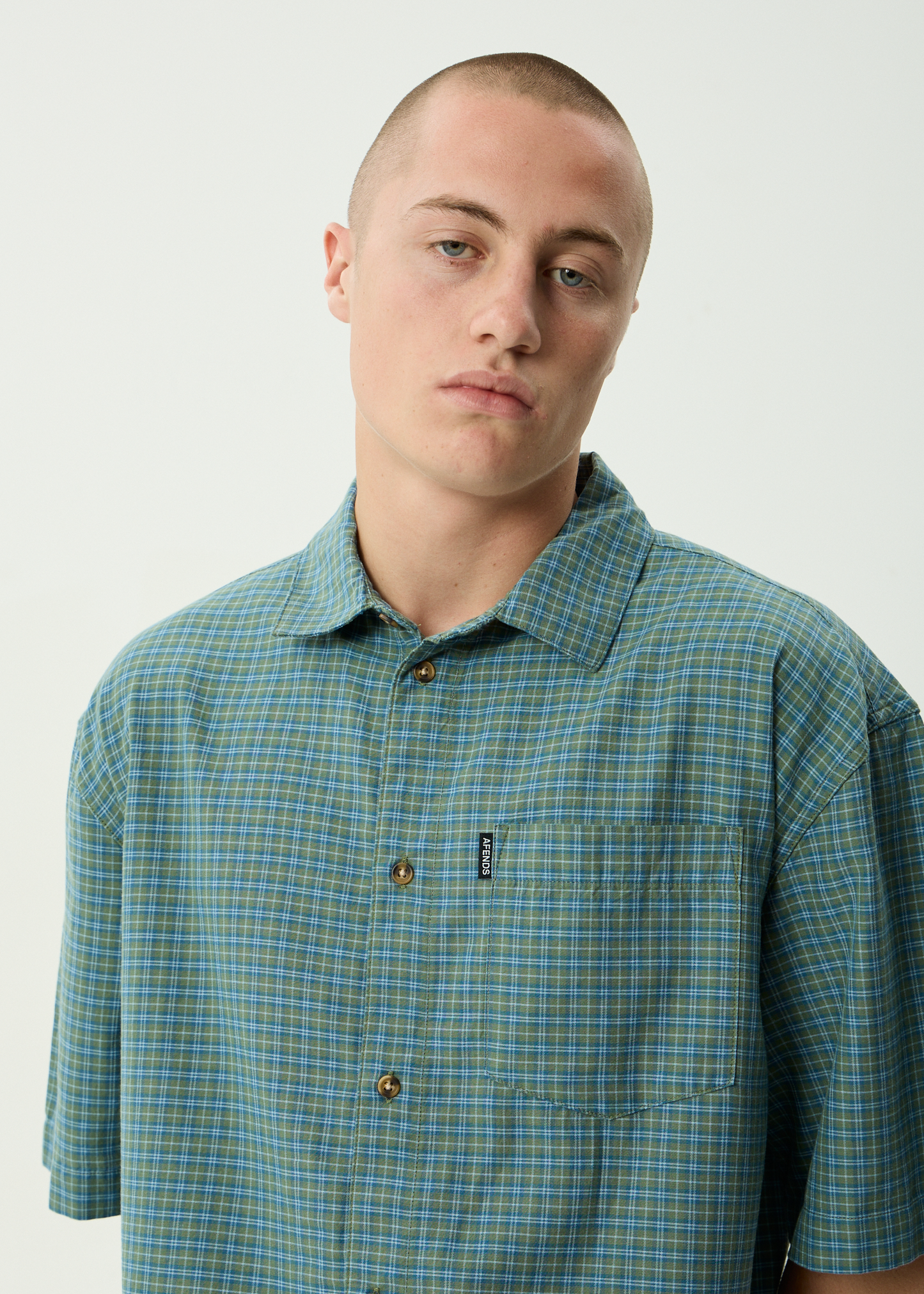 AFENDS Mens Voyager - Short Sleeve Shirt - Deep Olive Check