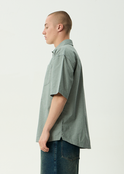 AFENDS Mens Pinned - Short Sleeve Shirt - Sycamore Stripe