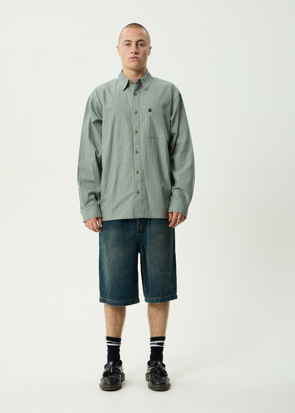 AFENDS Mens Pinned - Oversized Striped Long Sleeve Shirt - Sycamore Stripe