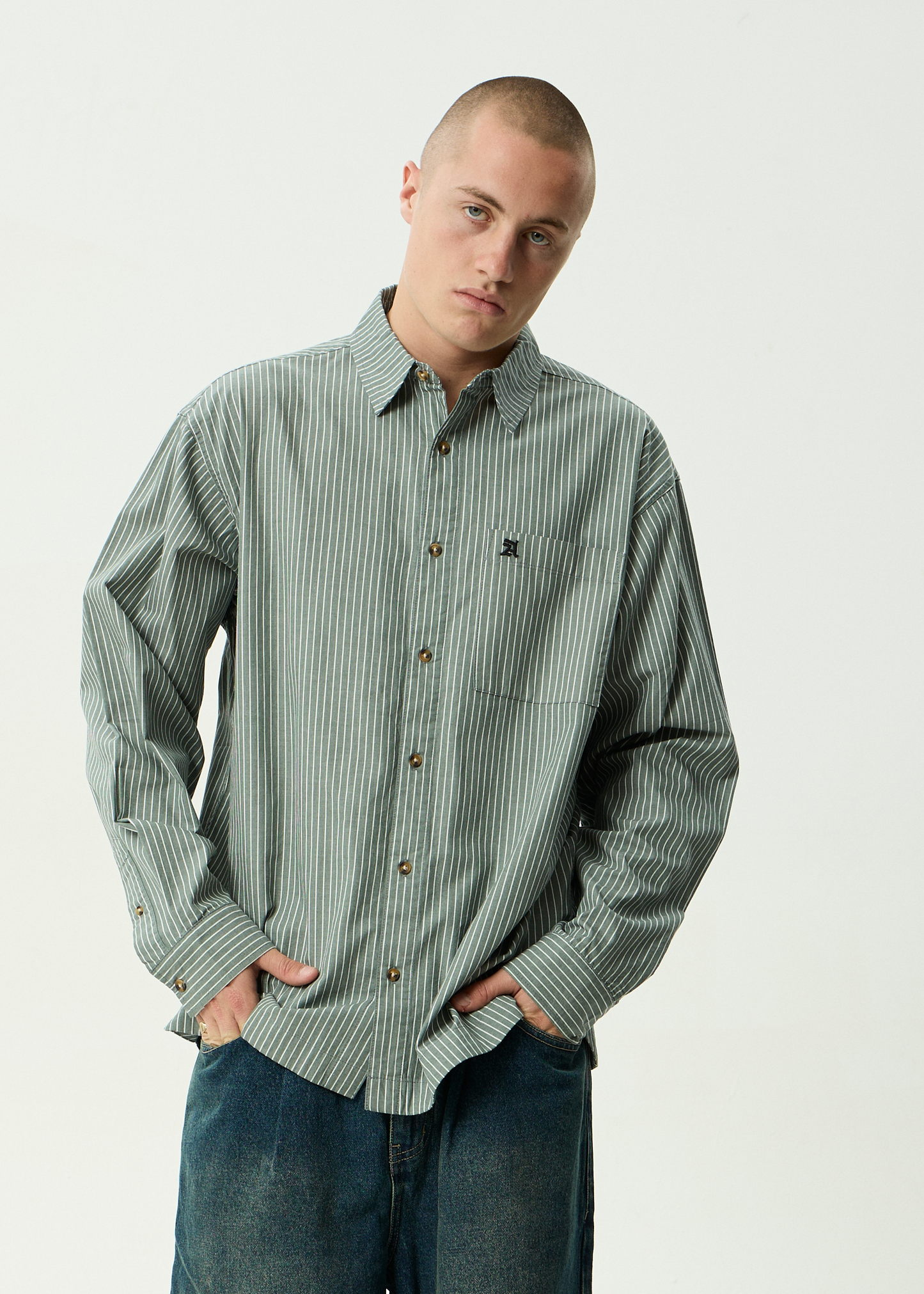 AFENDS Mens Pinned - Oversized Striped Long Sleeve Shirt - Sycamore Stripe