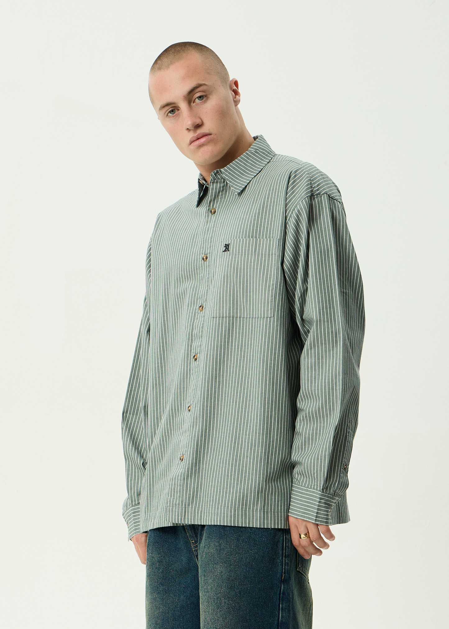 AFENDS Mens Pinned - Oversized Striped Long Sleeve Shirt - Sycamore Stripe