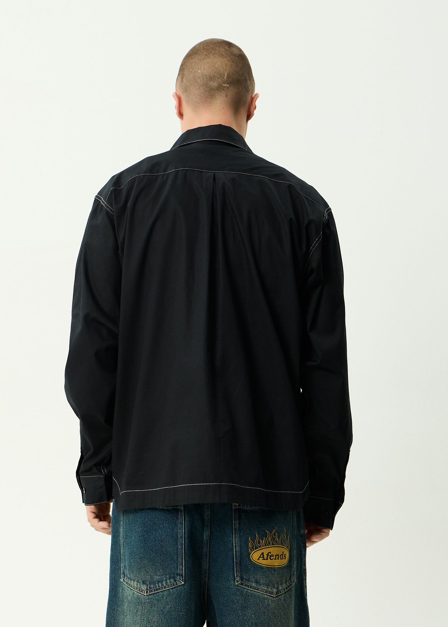 AFENDS Mens Supply - Long Sleeve Workwear Shirt - Black