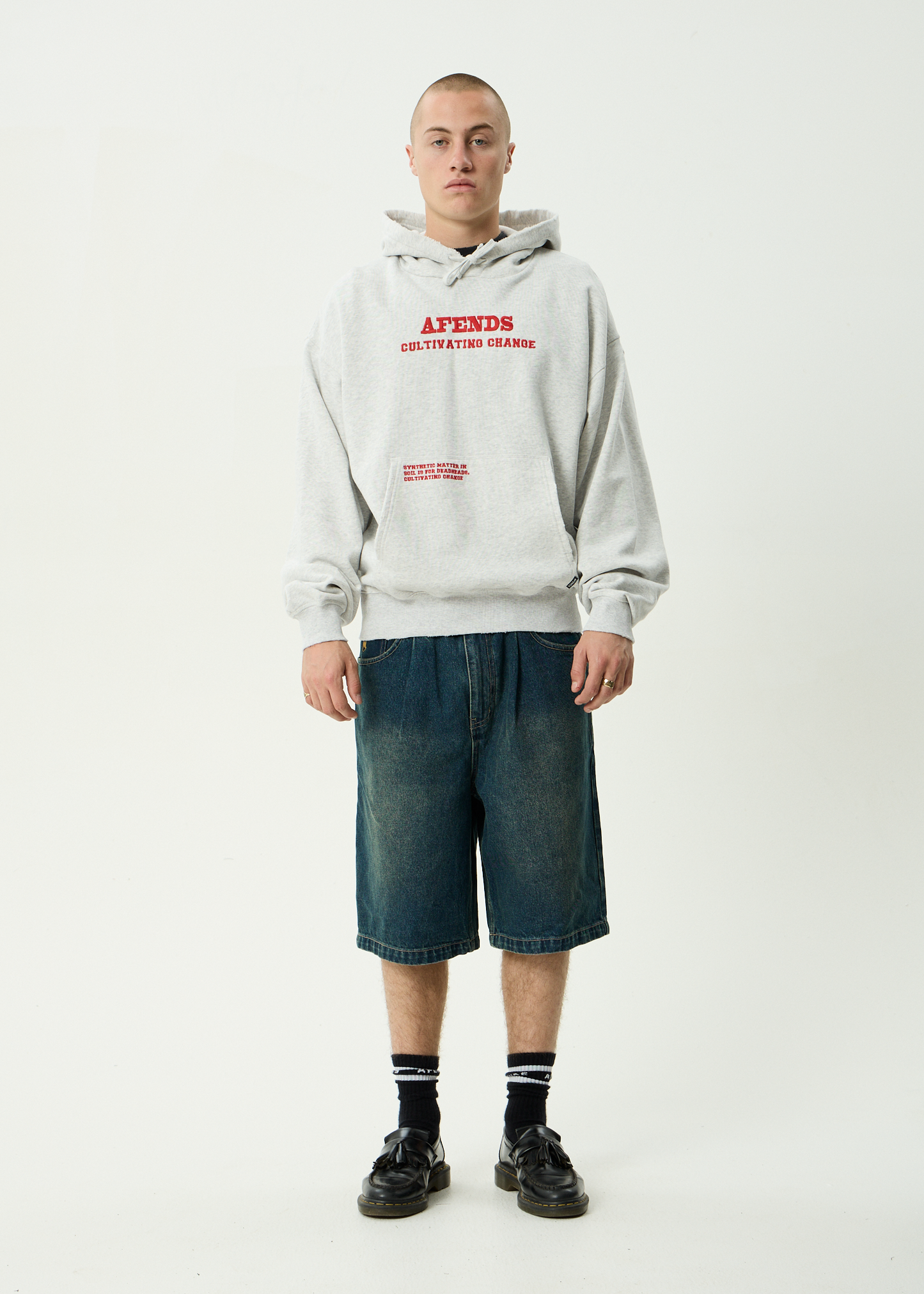 AFENDS Mens Wonders - Boxy Pull On Hood - Grey Marle