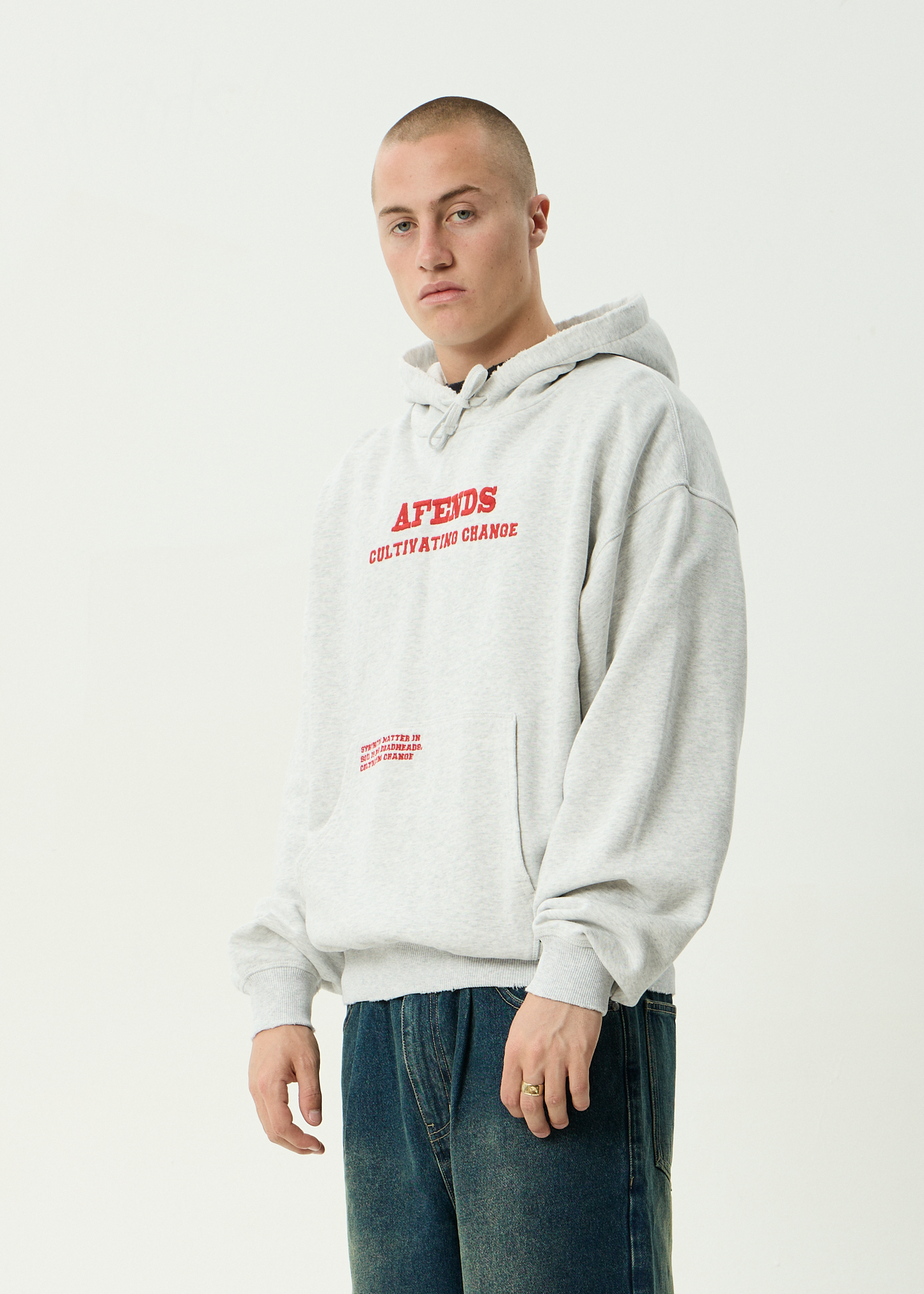 AFENDS Mens Wonders - Boxy Pull On Hood - Grey Marle
