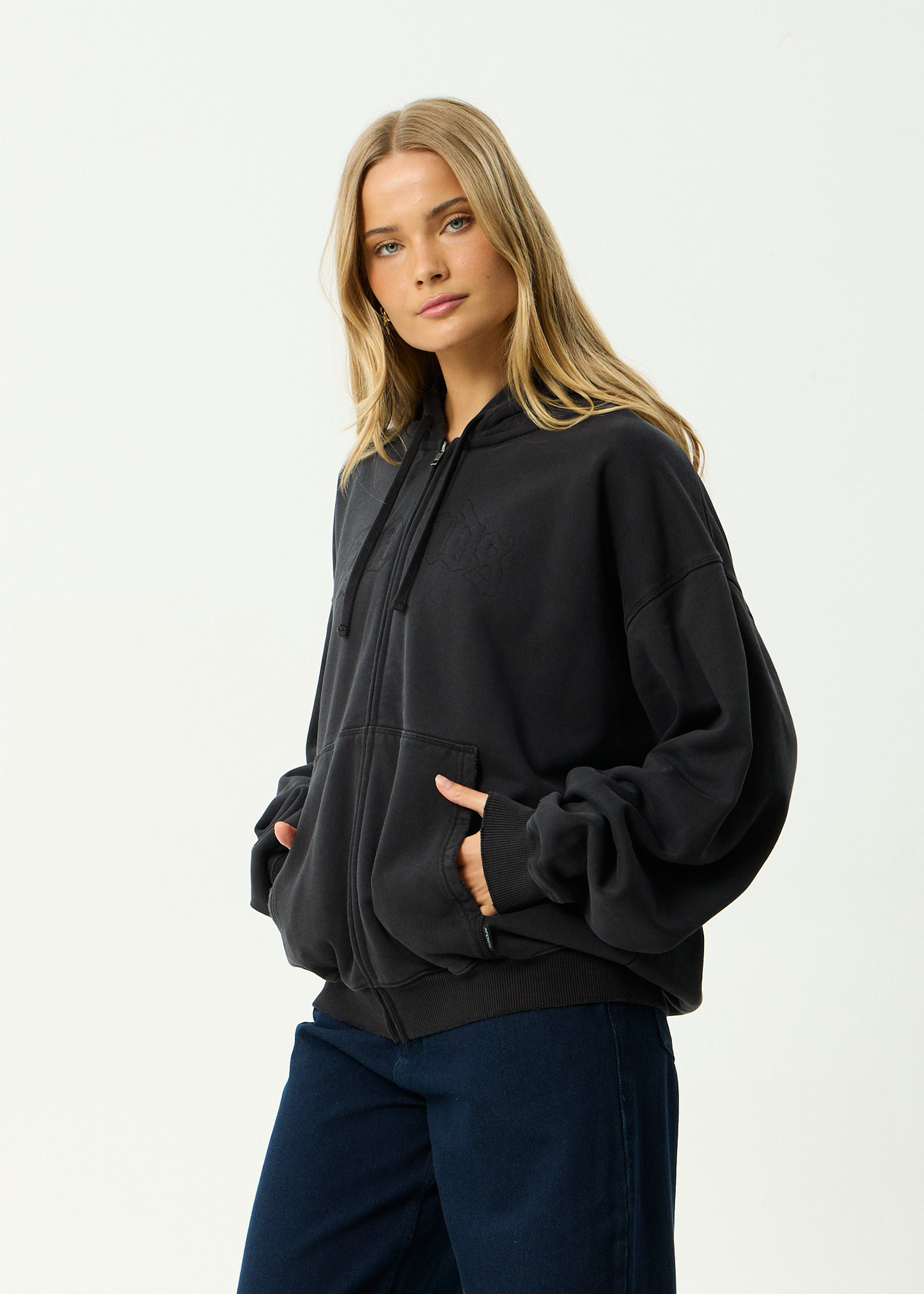 AFENDS Mens Residence - Heavyweight Boxy Zip Hood - Stone Black