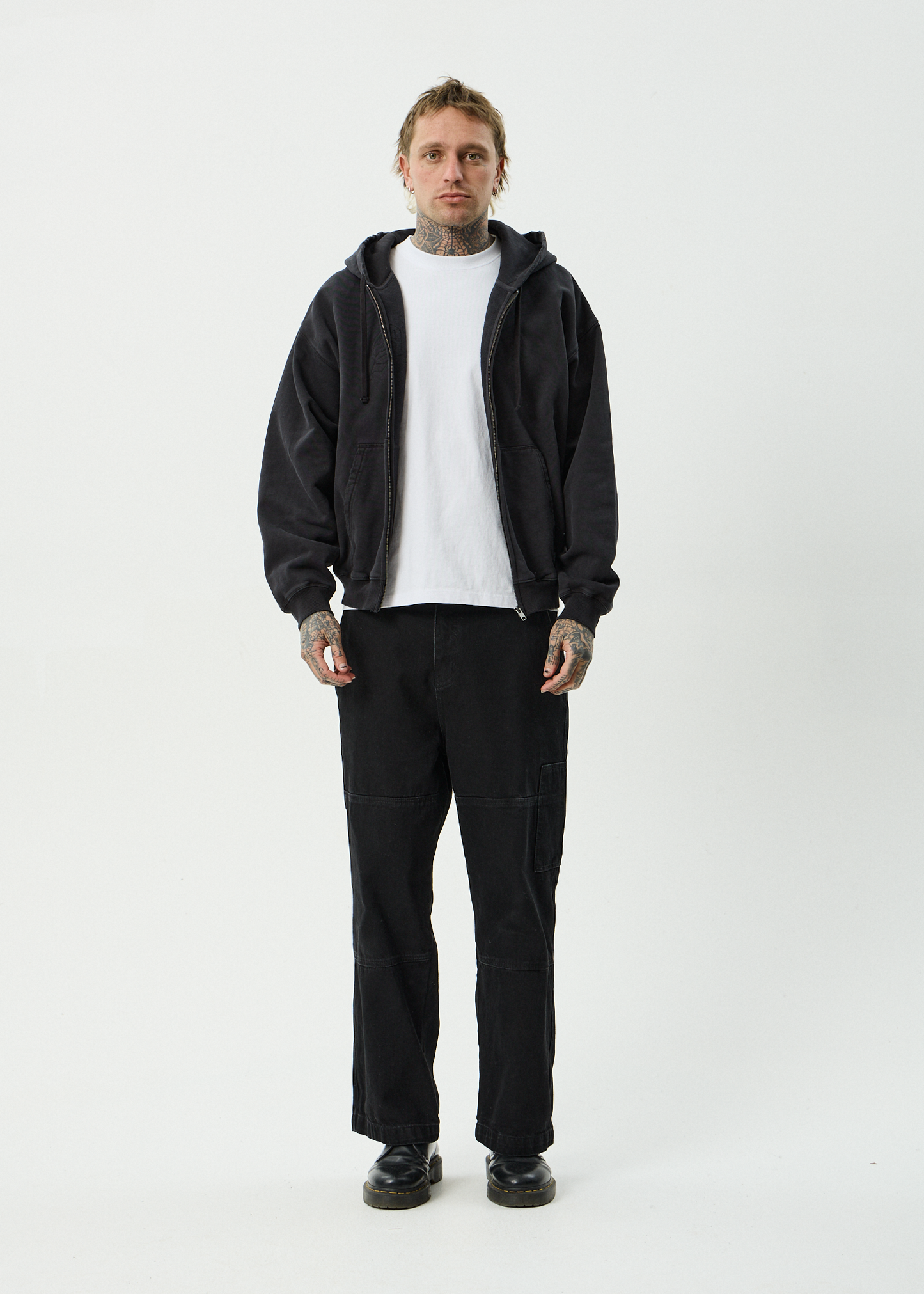 AFENDS Mens Residence - Heavyweight Boxy Zip Hood - Stone Black