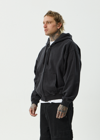 AFENDS Mens Residence - Heavyweight Boxy Zip Hood - Stone Black