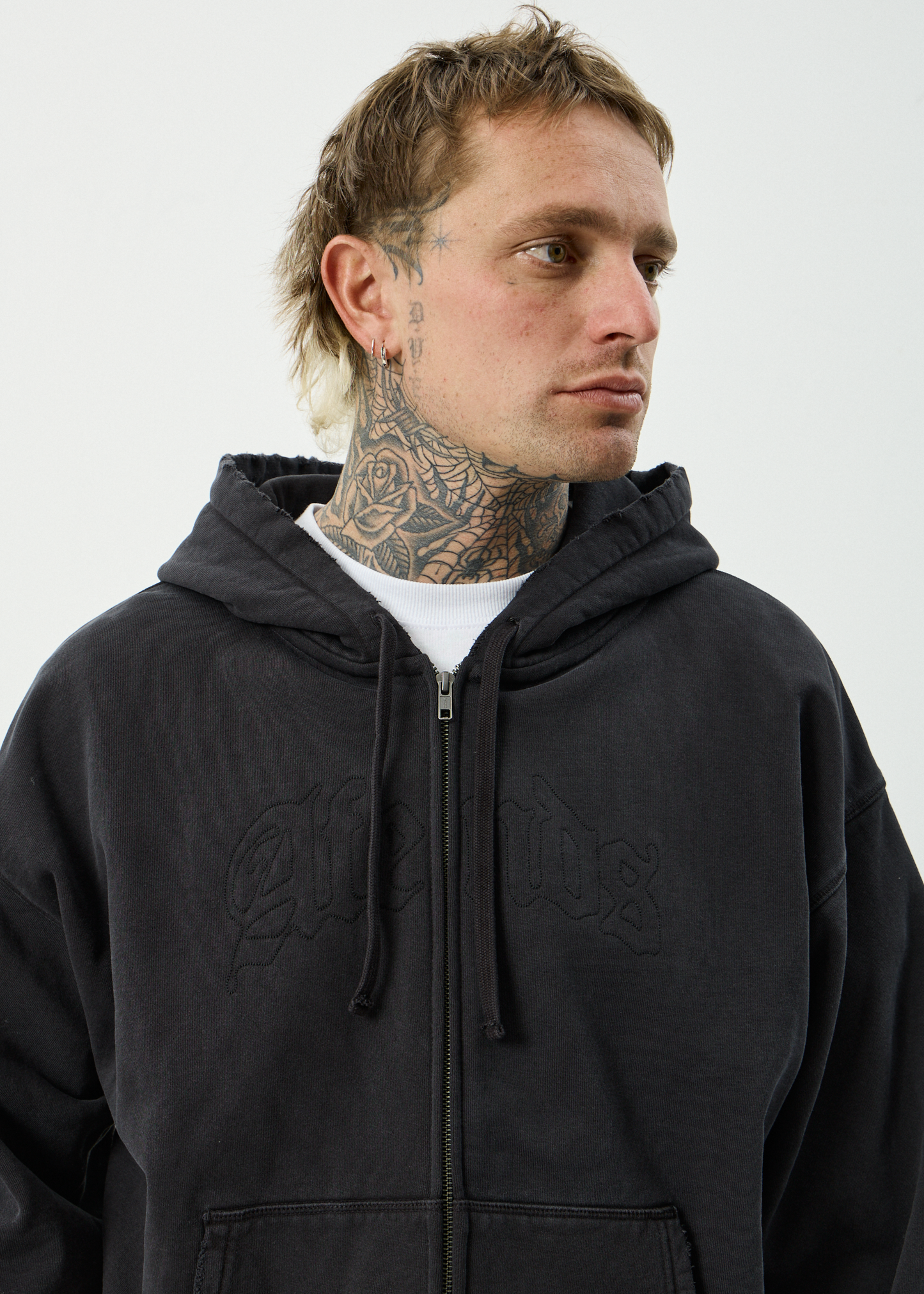AFENDS Mens Residence - Heavyweight Boxy Zip Hood - Stone Black