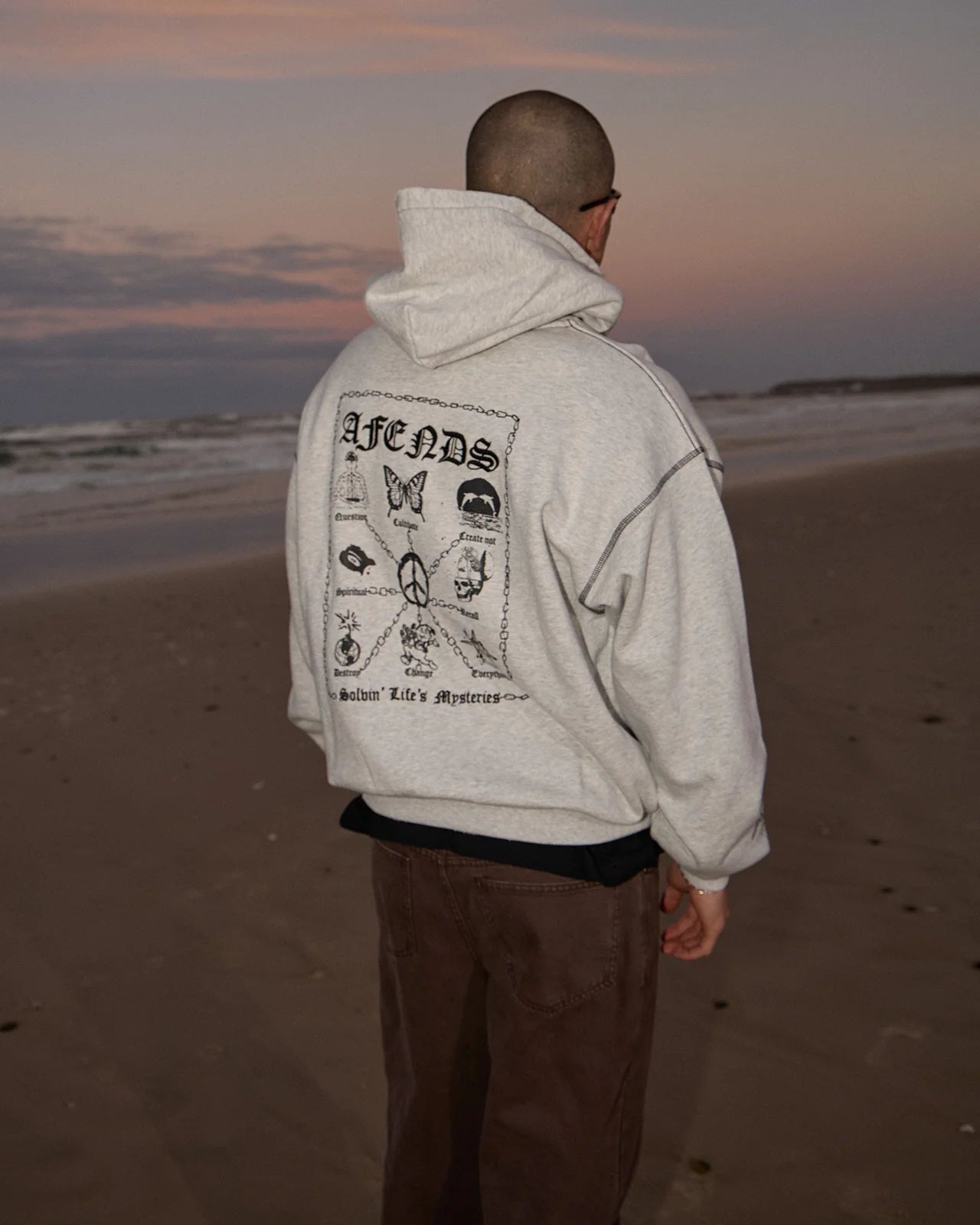 AFENDS Mens Spiritual - Distressed Boxy Hood - Grey Marle