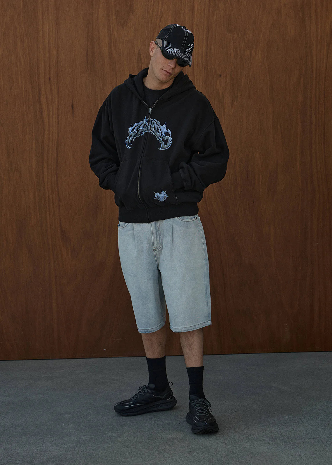 AFENDS Mens Scorpius - Distressed Boxy Zip Hood - Stone Black