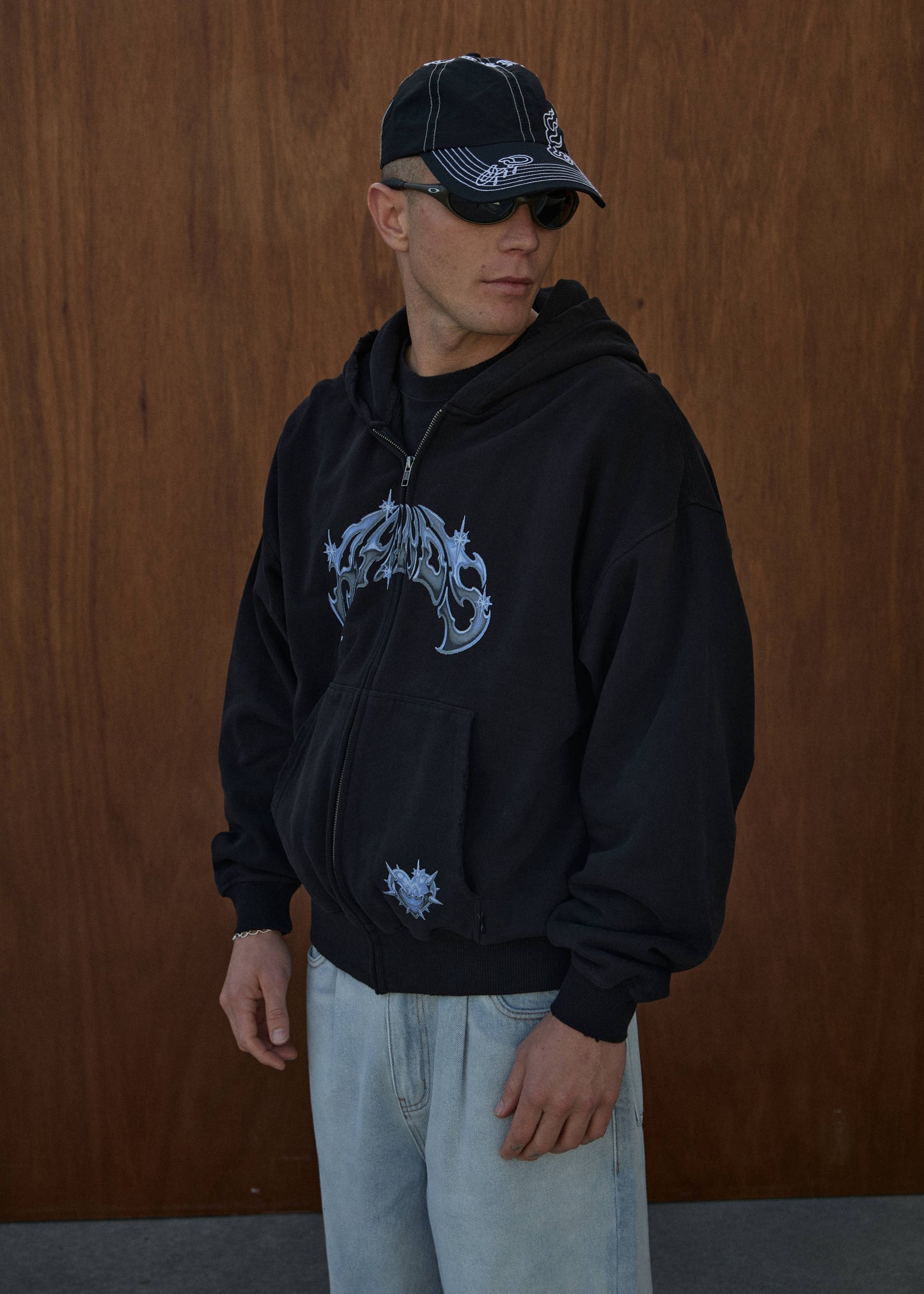 AFENDS Mens Scorpius - Distressed Boxy Zip Hood - Stone Black