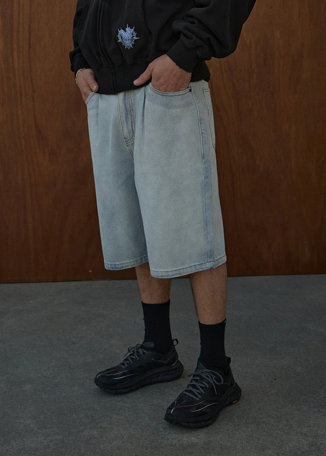 AFENDS Mens Fast Forward - Denim Ultra Baggy Pleated Short 24" - Stone Blue