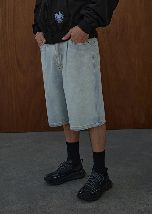 AFENDS Mens Fast Forward - Denim Ultra Baggy Pleated Short 24" - Stone Blue