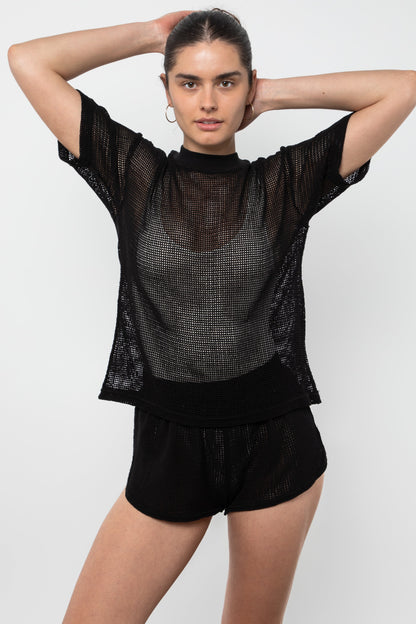 RIN401GD - Cotton Mock Neck Fishnet Garment Dye T-Shirt