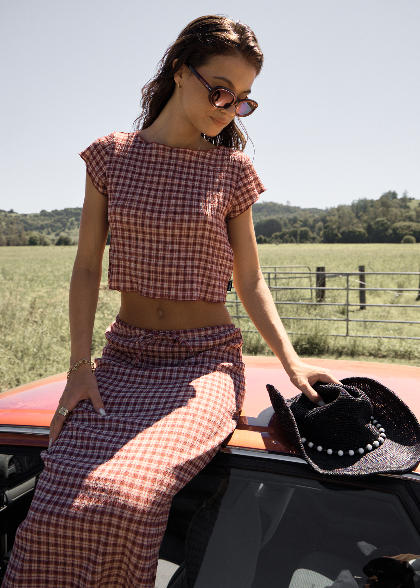 AFENDS Womens Darcy - Seersucker Top - Burgundy / Beige Check