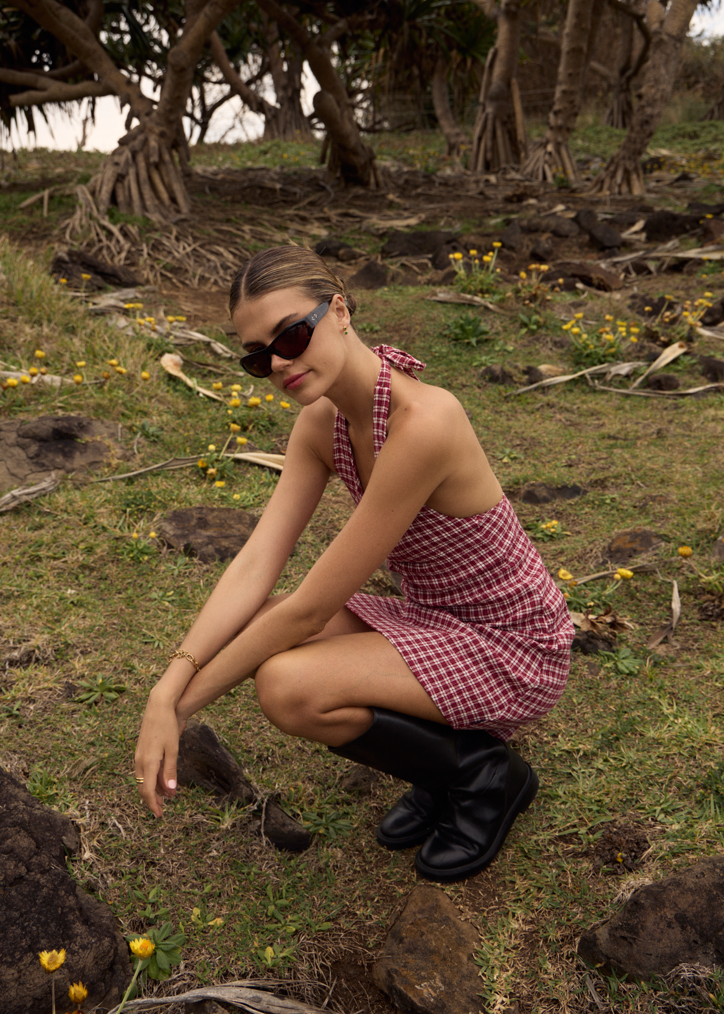 AFENDS Womens Montana - Seersucker Halter Mini Dress - Burgundy Check